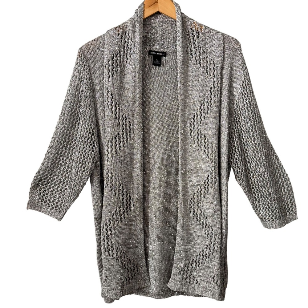 Lauren Michelle Sz XL Silver Metallic Sequin Festive Party Open Cardigan Sweater